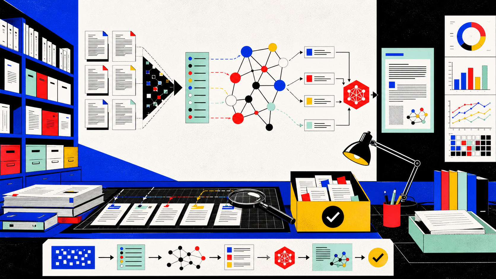 An editorial RAG laboratory showing documents, retrieval paths, a knowledge graph, verification and benchmark charts